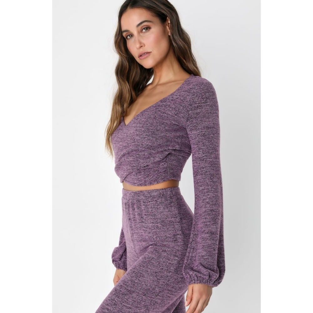Lulus Luxury Purple Heather Knit Long Sleeve Crop Top only, no pants
